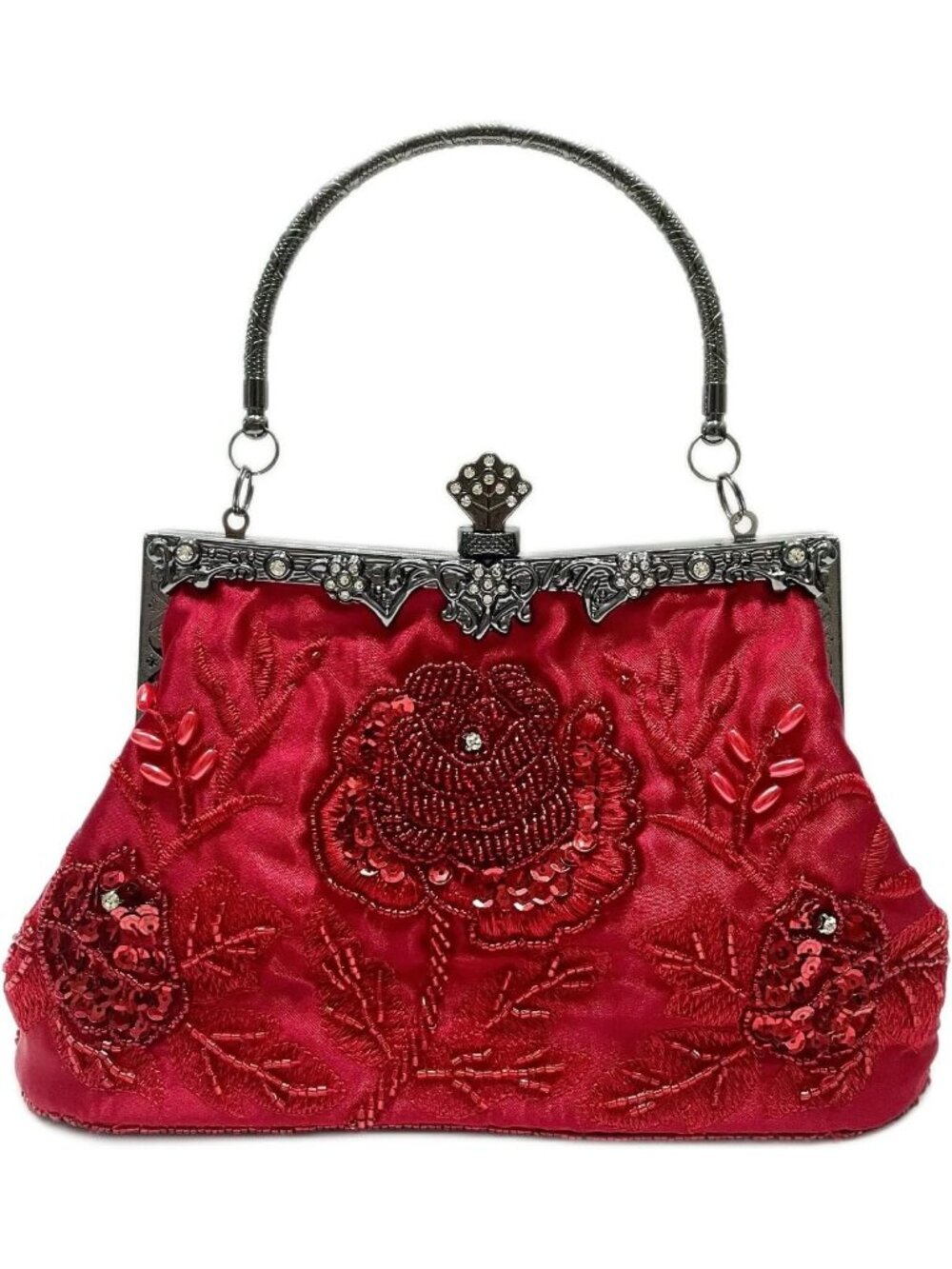 Womens Ruby Red Beaded Rose Sequin Kiss Lock Frame Top Handle Evening Bag Clutch